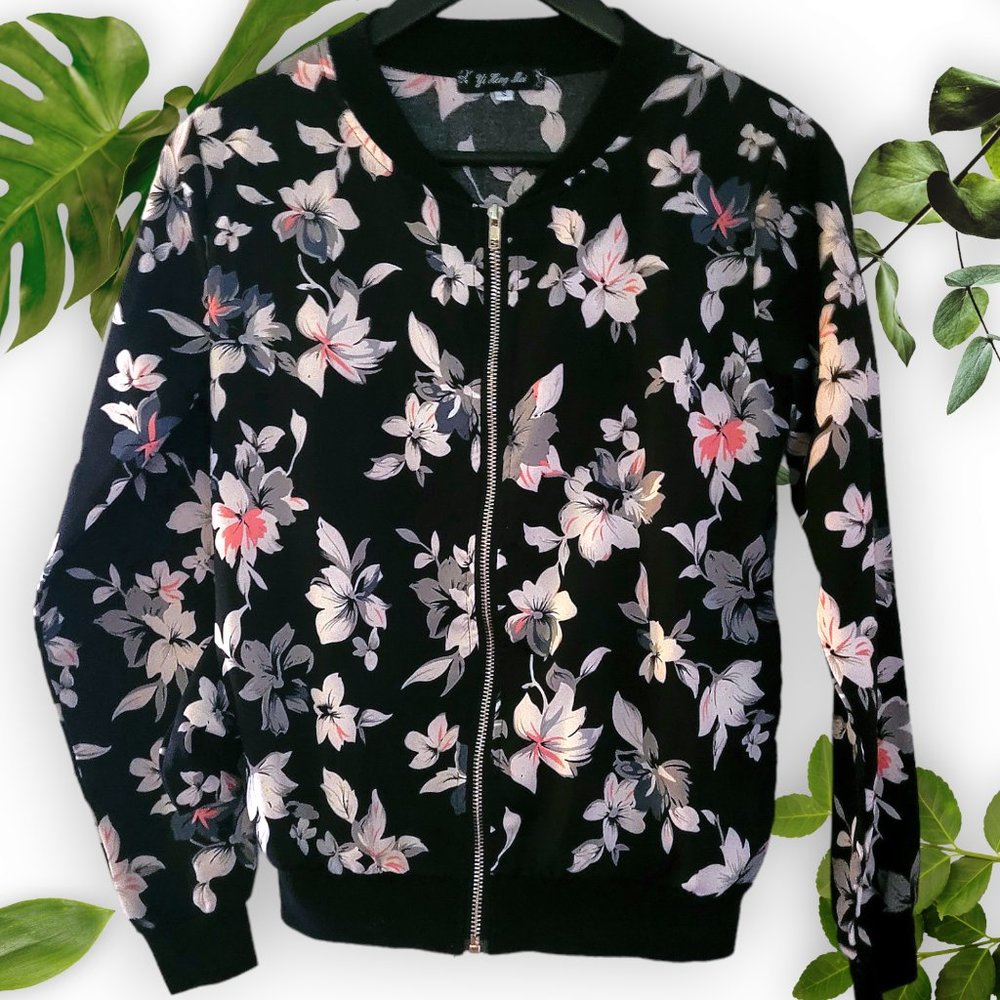 Black White Floral Bomber sz Small